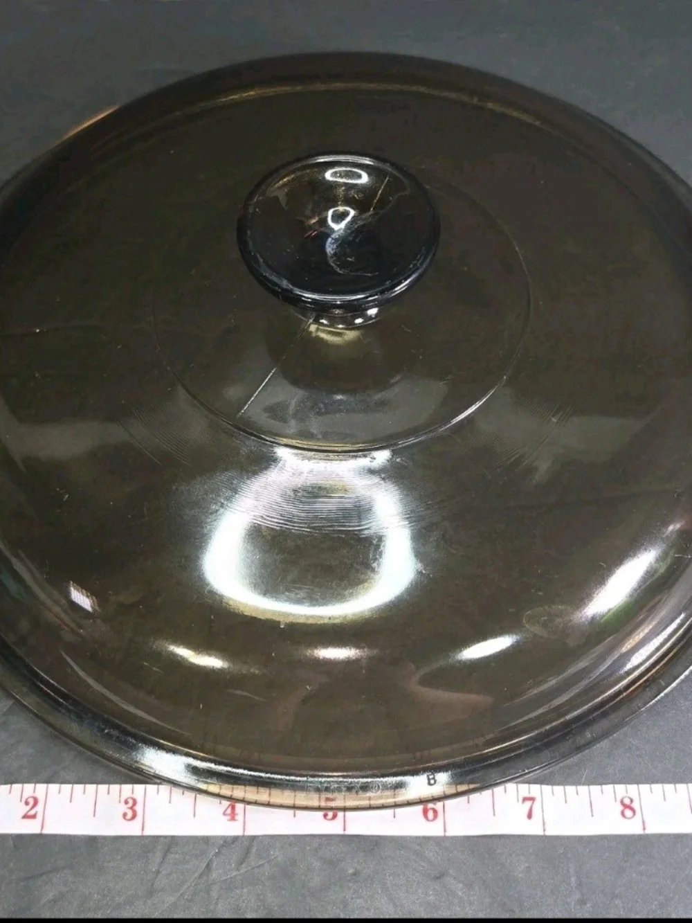Pyrex Clear Glass 10in Skillet waffle bottom with Lid Amber-Tinted Handle